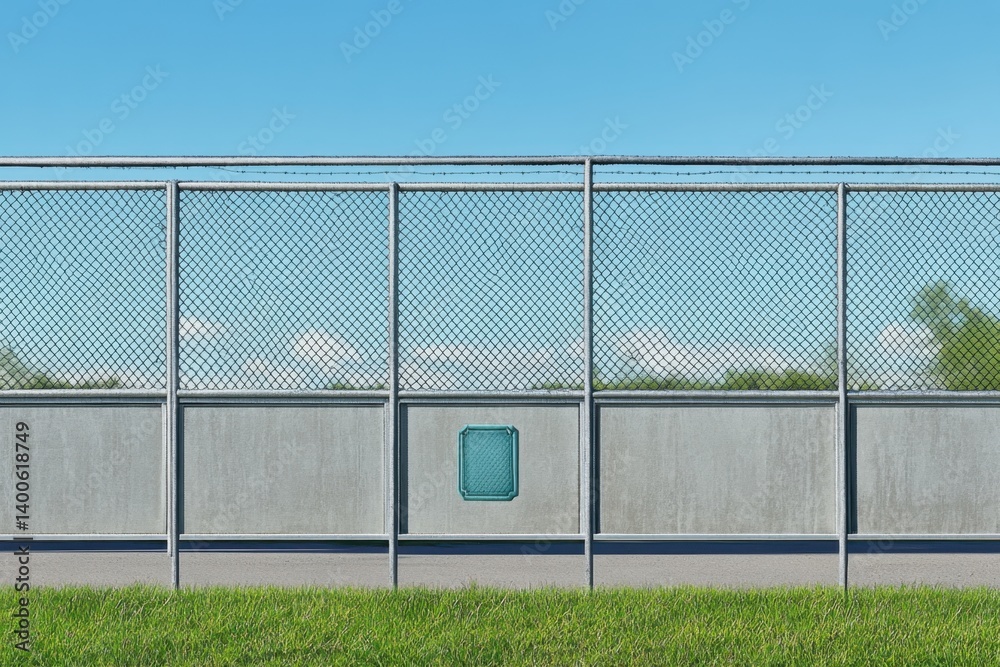 Fototapeta premium Wire mesh fence along an open field under a clear blue sky
