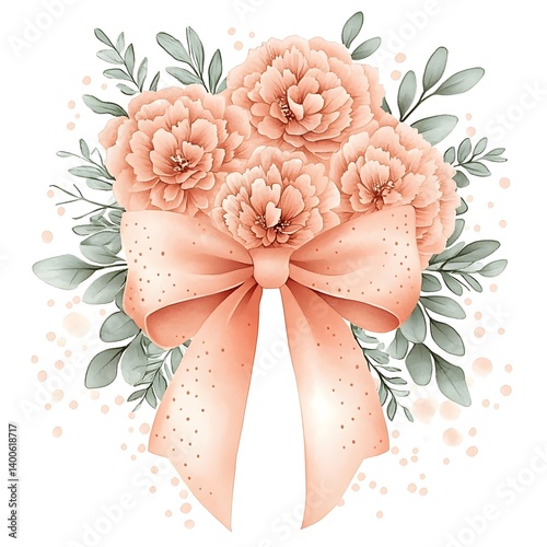 A romantic watercolor bouquet with a peach bow and polka dot accents
