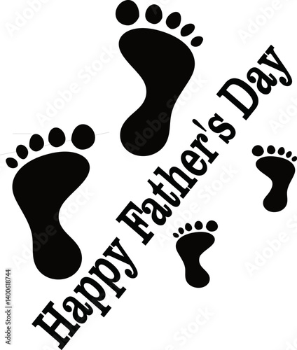 Happy Father's Day between a large set of footprints and a small set of footprints, black vector father's day card drawing 