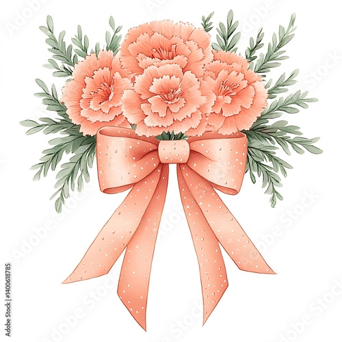Delicate peach carnation bouquet with ribbon bow