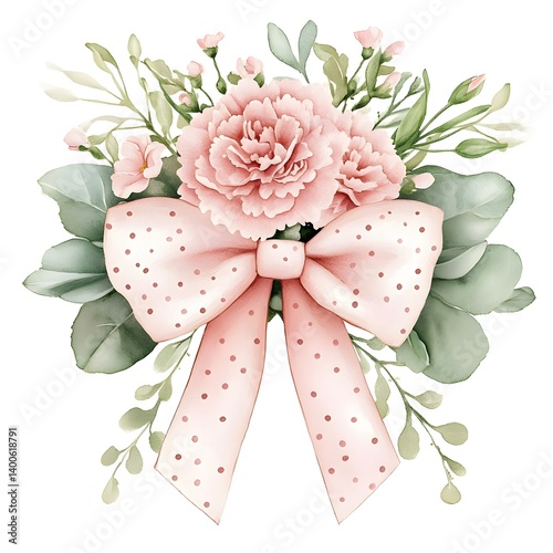 Watercolor floral bouquet with a pink polka dot bow