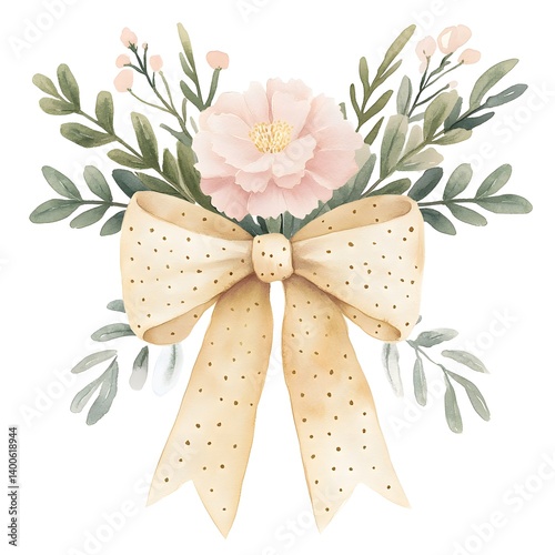 Elegant watercolor floral bouquet with chic polka dot bow