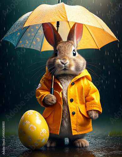 Caricature cartoon-like cute Easter bunny rabbit wearing a yellow raincoat holding an umbrella with an Easter egg, April showers, spring rain.