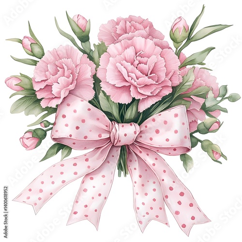 Elegant Watercolor Bouquet with Blush Carnations and Polka Dot Bow
