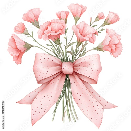 Delicate pink carnation bouquet with polka dot bow