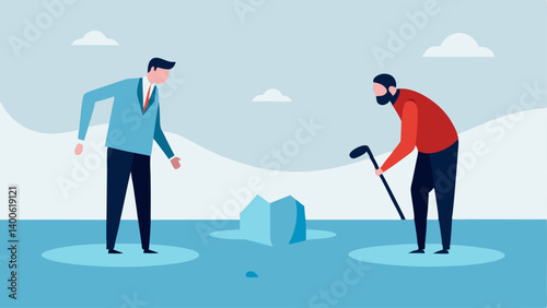 Breaking the Ice A man standing on a frozen lake labeled Stigma trying to break the ice with a hammer while approaching another man to talk illustrating the challenges of starting
