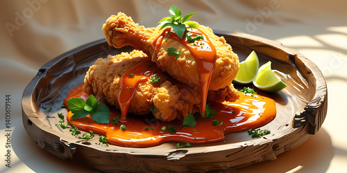 Golden Fried Chicken Drumsticks with Spicy Sauce and Herb Garnish on Brown Plate