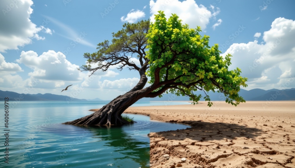 An evocative scene of a tree half submerged in water that transforms from lush greenery to drought stricken land. An evocative scene of a tree half submerged in water that transforms from lush greenery to drought stricken land.