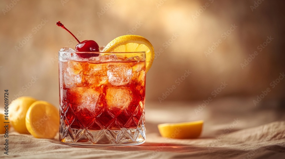 Stylish cocktail with cherry and lemon on wooden background, conveying the mood of party and relaxation, suitable for promoting bars and cocktail recipes.