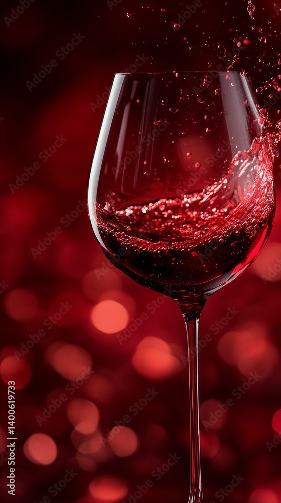 A red wine glass on a dark background with a splash effect, creating a luxurious and festive atmosphere, ideal for wine tasting presentations and restaurant menus.