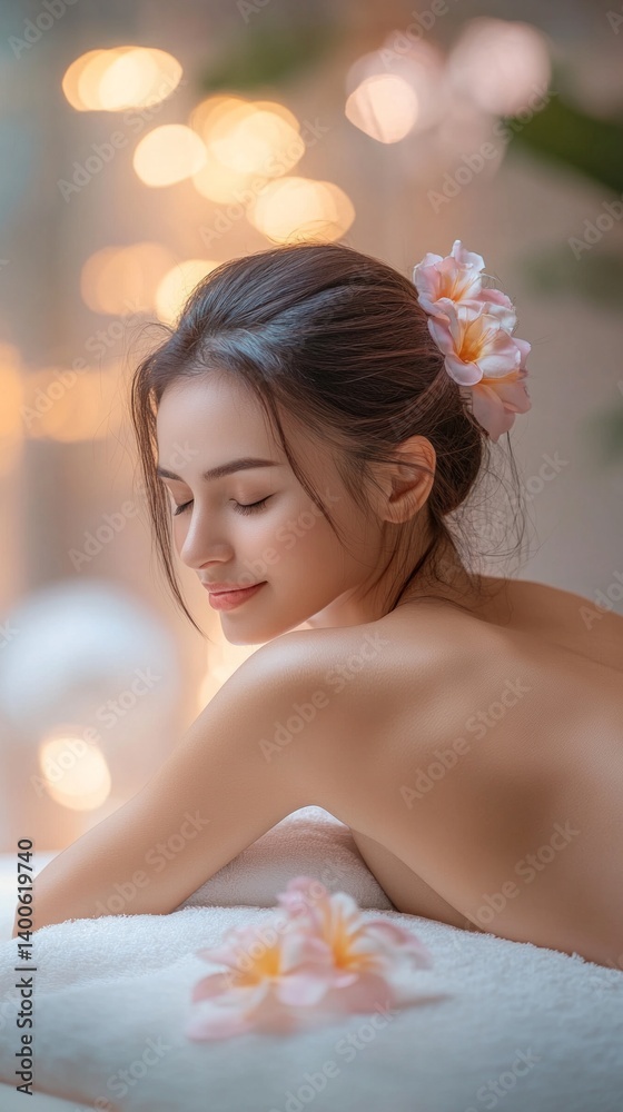 A woman with flowers in her hair, relaxing in a spa, symbolizing relaxation and self-care, is perfect for advertising spa services and cosmetic procedures.