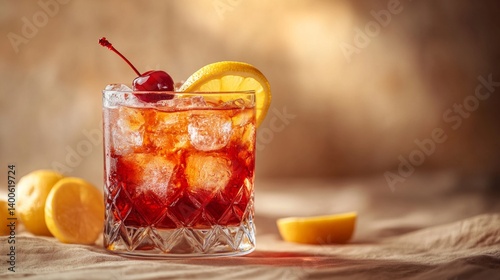 Obraz na płótnie Stylish cocktail with cherry and lemon on wooden background, conveying the mood of party and relaxation, suitable for promoting bars and cocktail recipes. w salonie