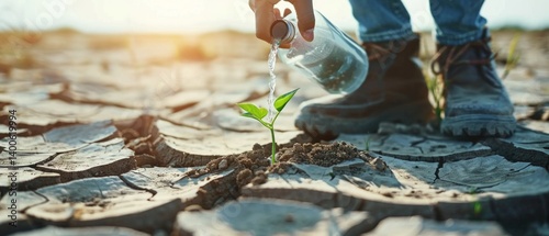 A gloved hand is watering a plant on dry soil, symbolizing hope and rebirth. Suitable for environmental and social themes related to caring for nature.