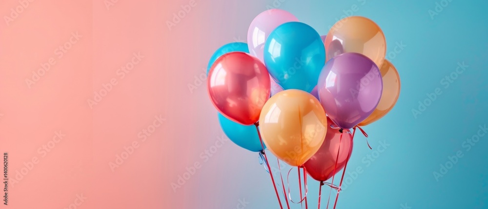 Bright balloons of different colors on the background of gradient sky, creating a festive mood. Background for greeting cards, blogs, social networks.