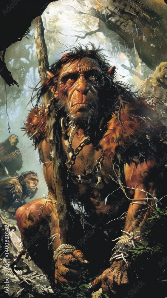 Illustration of an ancient man in a cave with a spear, depicting the primitive era and hunting. Use for historical articles, educational materials.