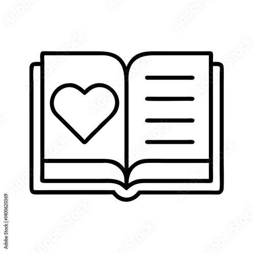 Open book with heart vector, love story reading, book club, romance novel, library icon, bookworm