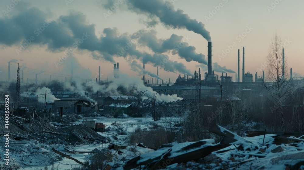 Industrial landscape with factory and smoking chimneys on snowy terrain. In articles about ecology, industry, pollution.