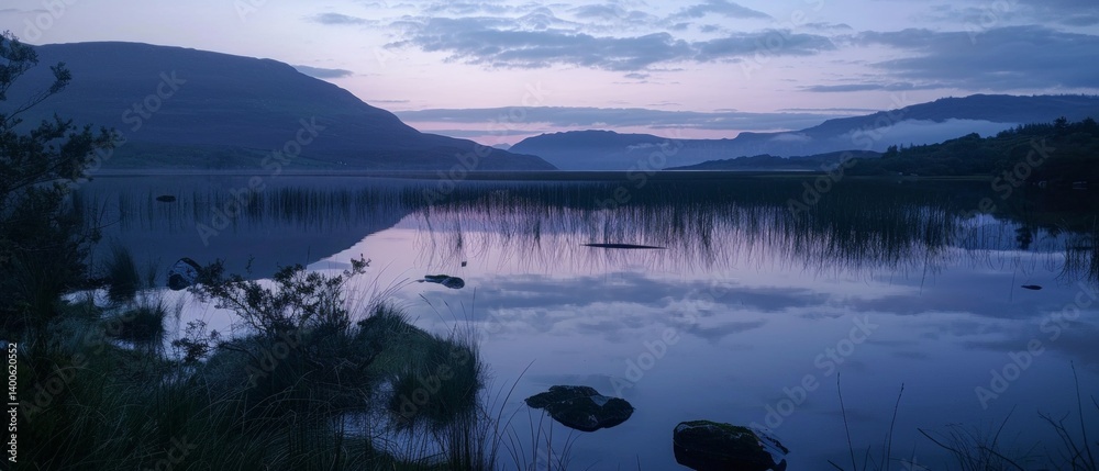 Tranquil landscape with lake reflecting mountains and sky at sunset. In travel guides, articles about nature, relaxation, tourism.