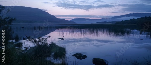Obraz na płótnie Tranquil landscape with lake reflecting mountains and sky at sunset. In travel guides, articles about nature, relaxation, tourism. w salonie