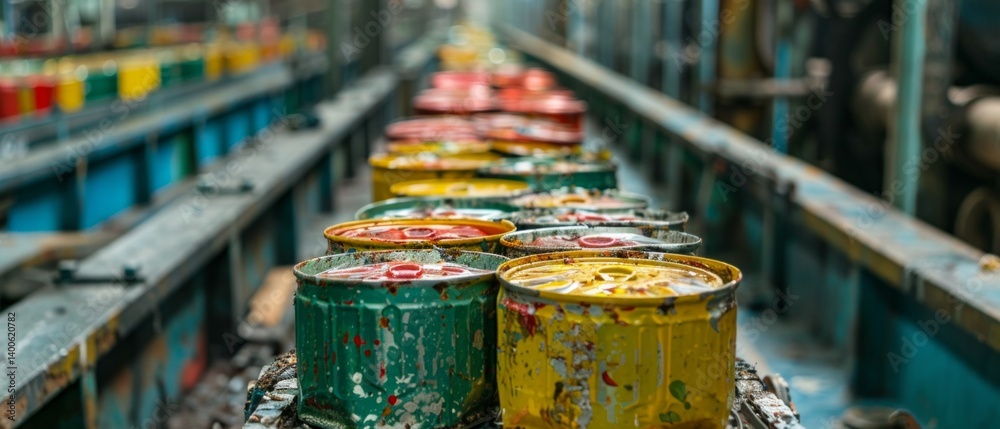 Old painted cans on a conveyor belt in a workshop. Use for topics related to industry, recycling, ecology.