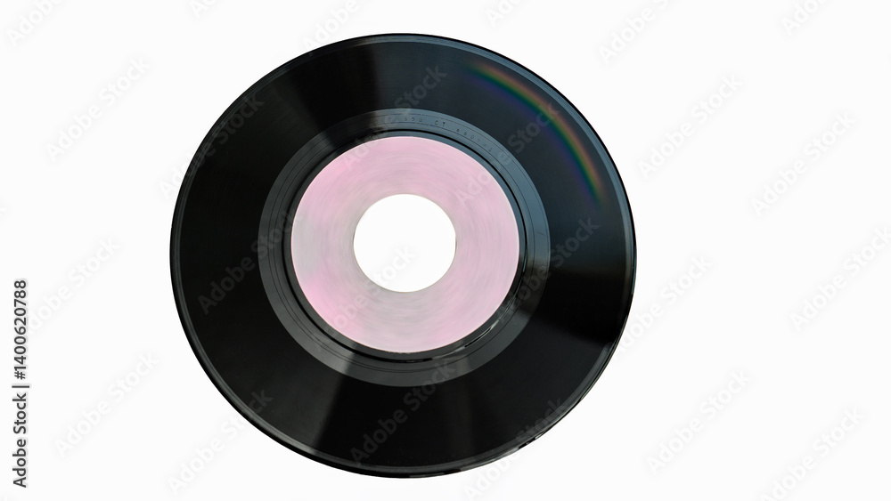 Close up of a vintage vinyl record with a pink label, isolated on a white background, representing nostalgia and musical history