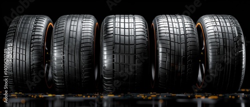 Obraz na płótnie Set of new car tires on black background, suitable for car stores, services, auto parts advertising. w salonie