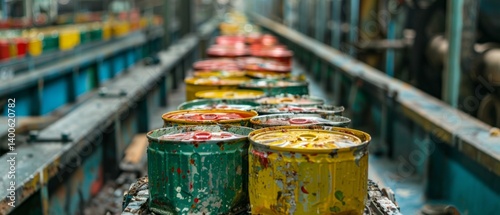 Obraz na płótnie Old painted cans on a conveyor belt in a workshop. Use for topics related to industry, recycling, ecology. w salonie