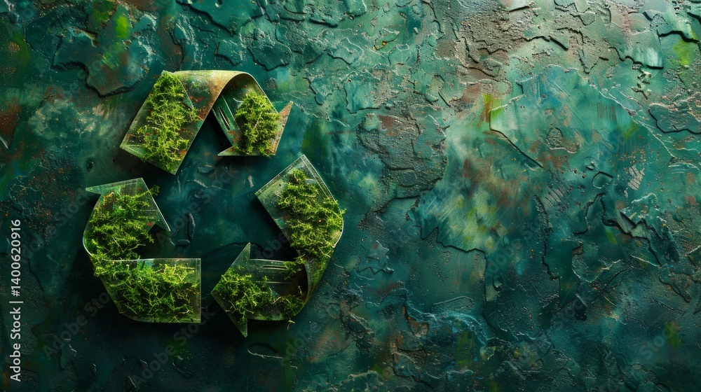 Green recycling symbol on dark texture background with moss. Background for ecological themes, articles about nature, sustainable development.