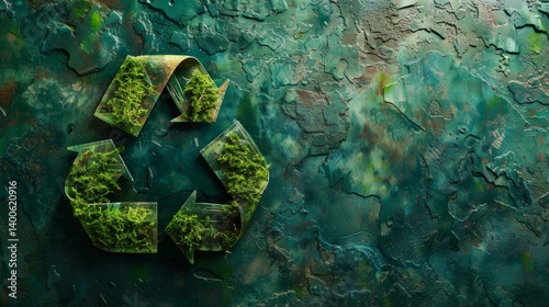 Obraz na płótnie Green recycling symbol on dark texture background with moss. Background for ecological themes, articles about nature, sustainable development. w salonie