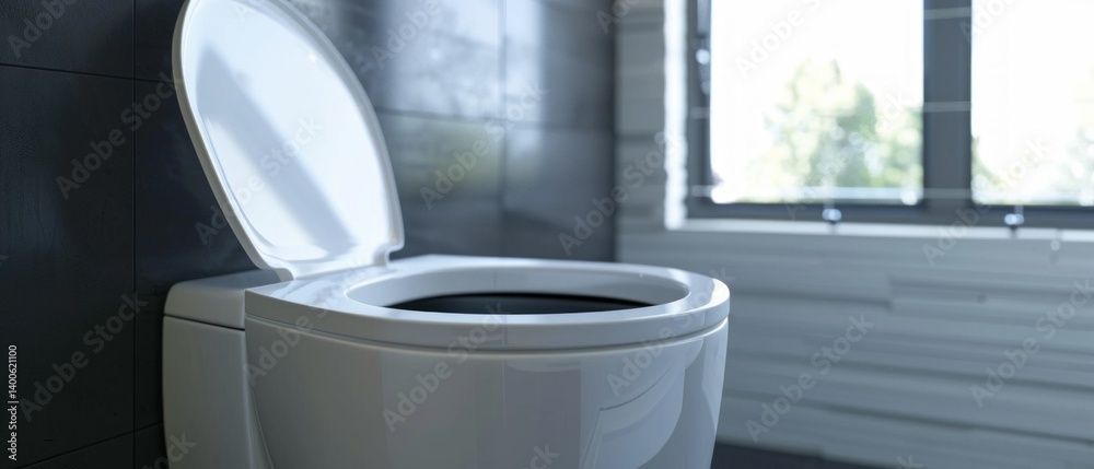 Modern toilet with open lid in stylish interior. Use to advertise sanitary ware, bathroom design, care instructions.