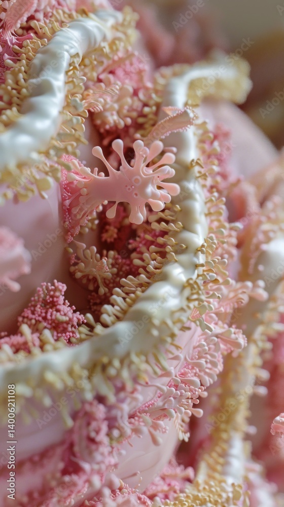 Macro shot of pink coral with white and yellow flecks showing texture and detail. Suitable for scientific articles, nature blogs, cover design.