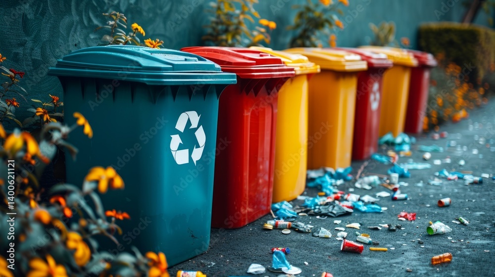 Multicolored garbage cans with recycling symbol surrounded by garbage. Suitable for environmental campaigns, educational materials, social advertising.