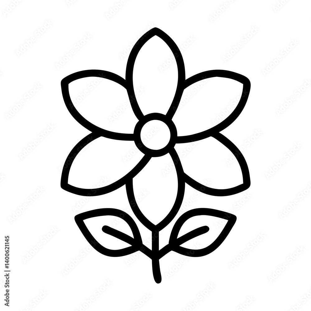 Outline drawing of a flower with petals and leaves for botanical design and floral art projects Outline drawing of a flower with petals and leaves for botanical design and floral art projects