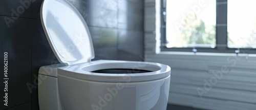 Obraz na płótnie Modern toilet with open lid in stylish interior. Use to advertise sanitary ware, bathroom design, care instructions. w salonie