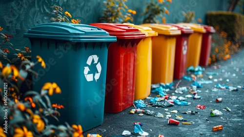 Obraz na płótnie Multicolored garbage cans with recycling symbol surrounded by garbage. Suitable for environmental campaigns, educational materials, social advertising. w salonie