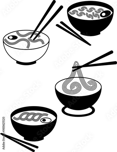 Set of vector ramen bowls with chopsticks in minimalist black and white line art style