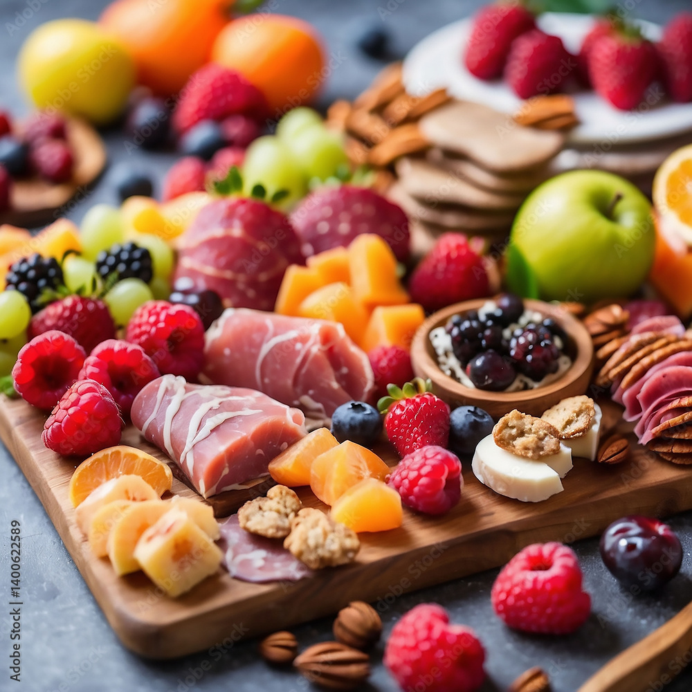 A delicious and colorful charcuterie board with fresh fruit, chocolate, and sweets A delicious and colorful charcuterie board with fresh fruit, chocolate, and sweets