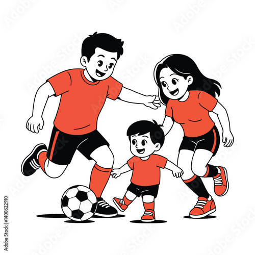 Cartoon family playing soccer together, parents and child in sportswear having fun outdoors