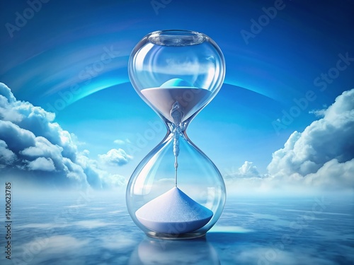 Calm Water, Hourglass, White Sand, Blue Sky, Clouds - Relaxation Stock Photo