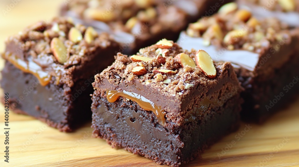 Chocolate brownies with a dense fudge center, topped with crunchy almond nuts Chocolate brownies with a dense fudge center, topped with crunchy almond nuts