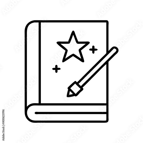 Magic spell book with wand and star vector illustration for fantasy and wizardry theme