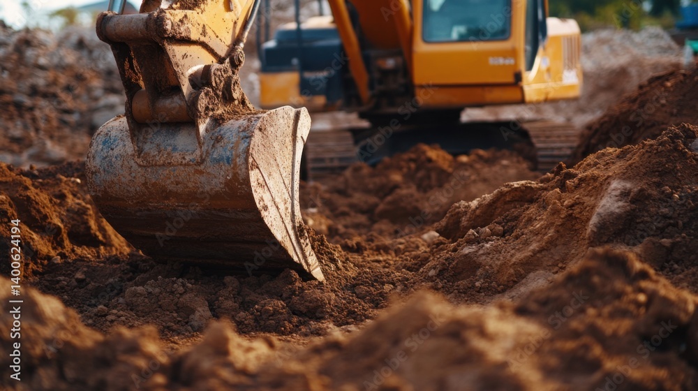 Fototapeta premium Excavator operator removing dirt to prepare for foundation. Featuring power and precision
