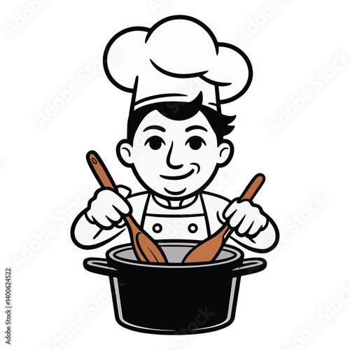 Cartoon chef stirring pot with wooden spoons, black and white cooking