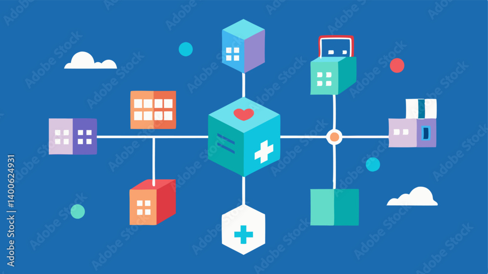 Interconnected Systems A visual of various healthcare systems like hospitals labs and pharmacies connected by a chain made of blocks illustrating the integration of blockchain in
