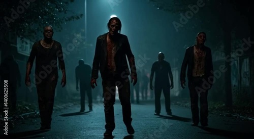 zombies walking in the street in the nigth