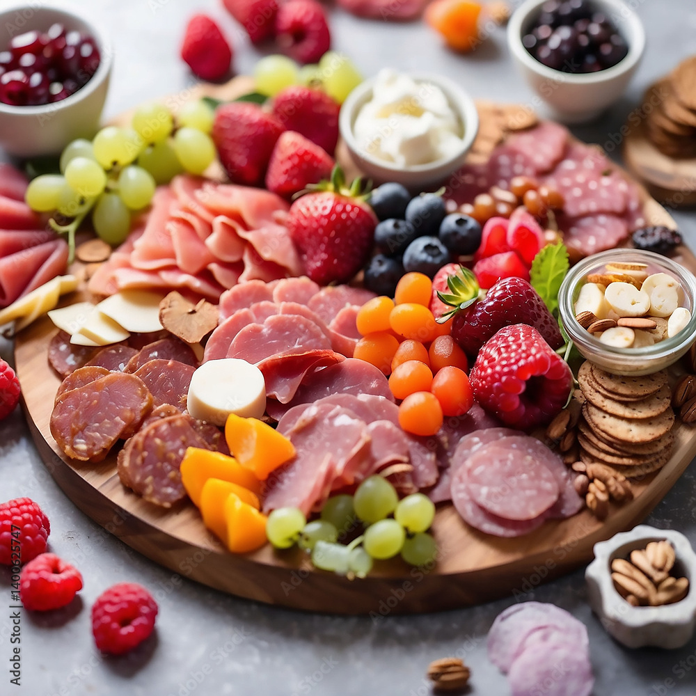 A delicious and colorful charcuterie board with fresh fruit, chocolate, and sweets A delicious and colorful charcuterie board with fresh fruit, chocolate, and sweets