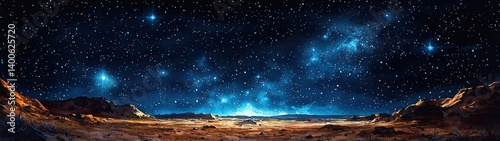 A breathtaking panoramic view of a desolate alien planet under a vibrant, star-filled night sky.