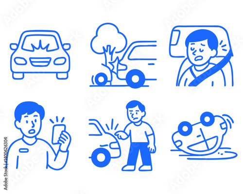 car accident doodle cartoon drawing vector illustration set


