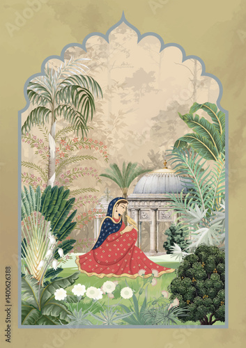 Mughal Wedding Invitation Card Illustration, Wedding Invitation, Mughal Garden.