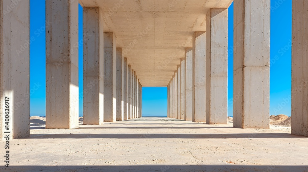 Fototapeta premium Concrete colonnade hall under blue sky